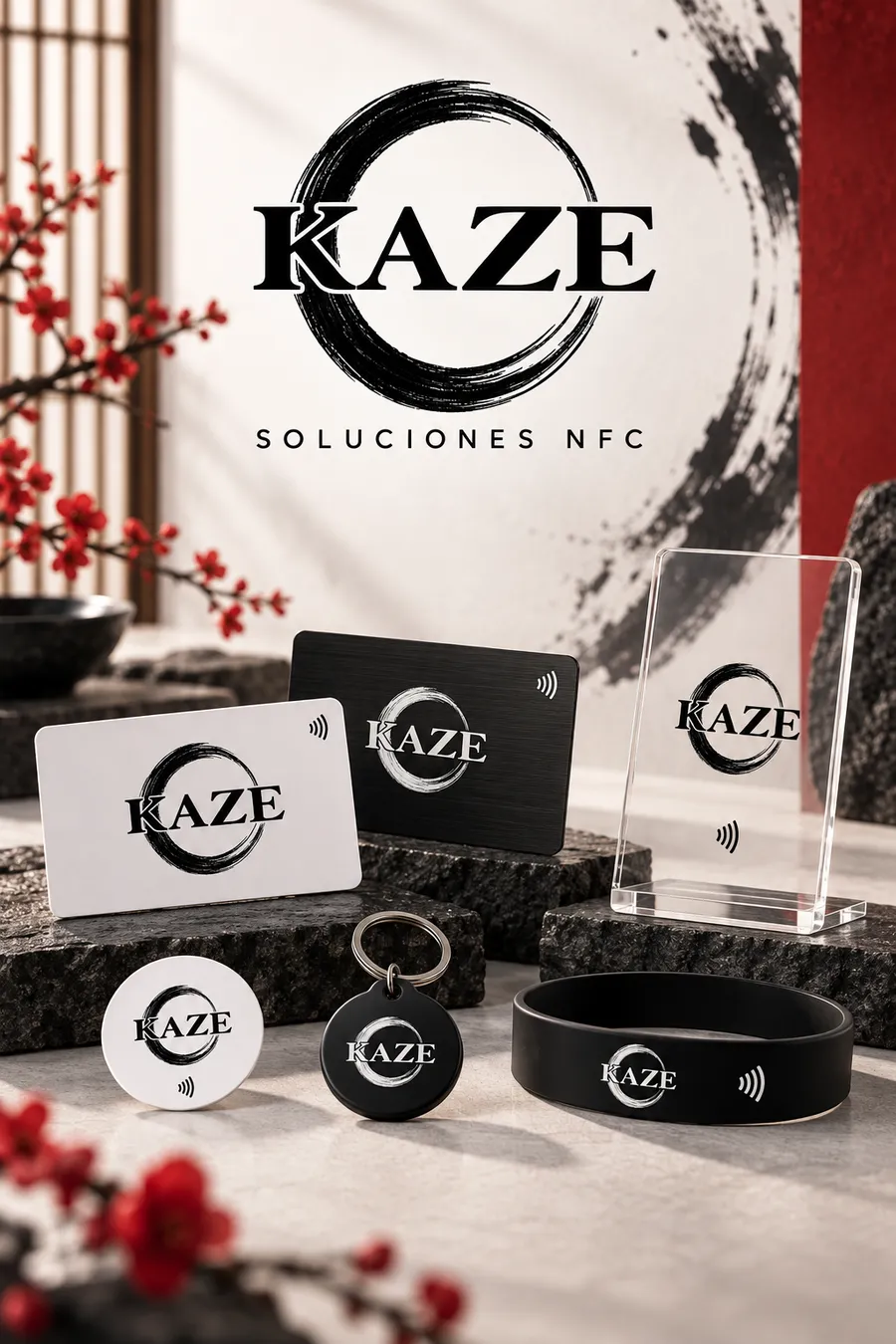 Colección de formatos KAZE que incluye un exhibidor acrílico.