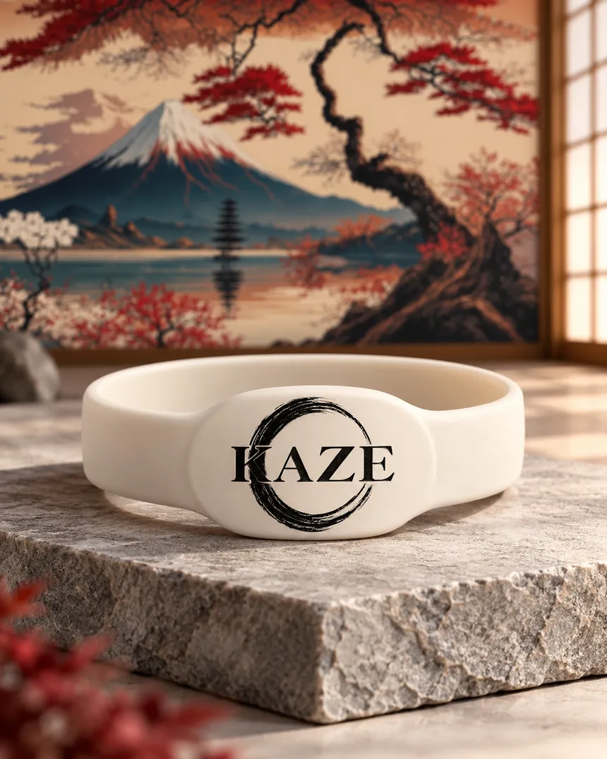 Pulsera KAZE clara con logo sobre una superficie de piedra.
