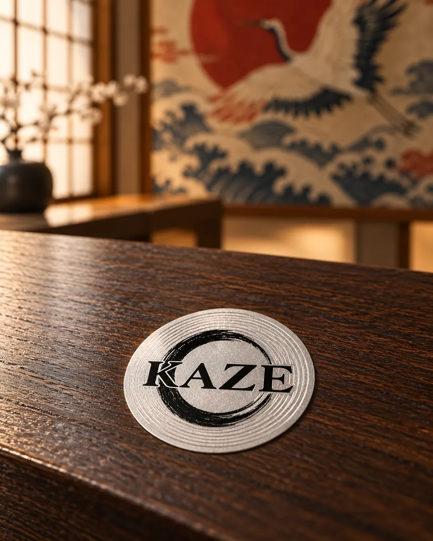 Sticker circular KAZE sobre una mesa.
