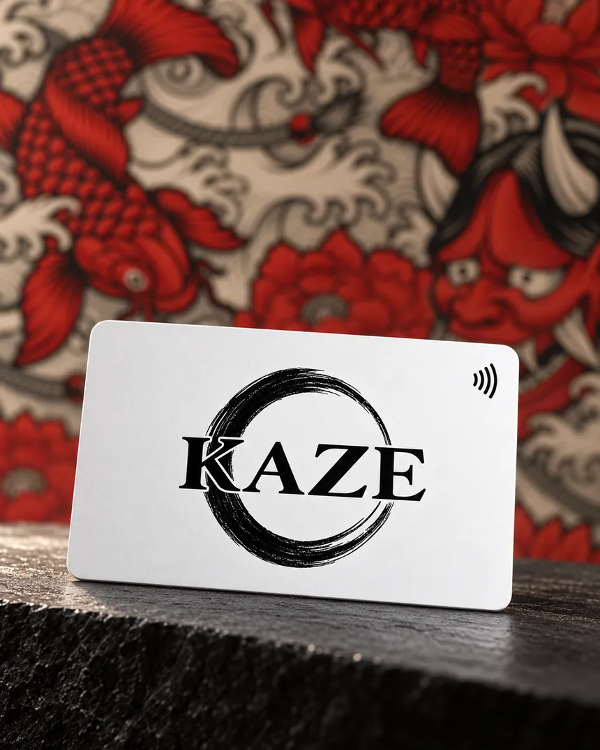 Tarjeta NFC KAZE blanca frente a un fondo de inspiración japonesa.